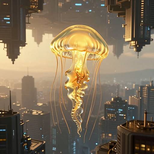 Photorealistic CGI of a glowing, golden jellyfish floating above a futuristic, neon-lit cityscape at sunset, with skyscrapers and illuminated