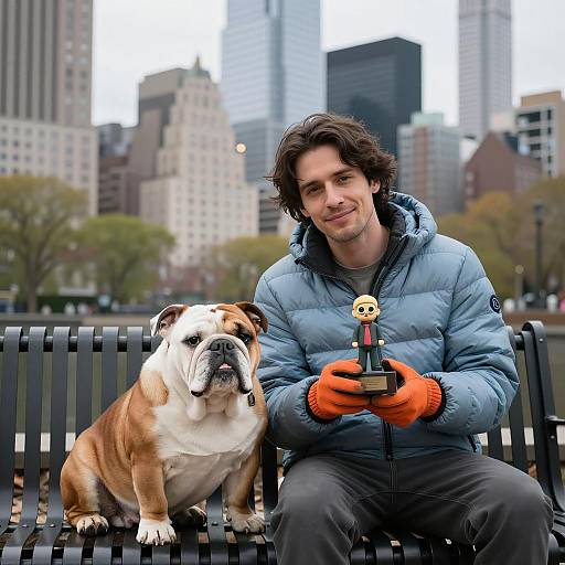 Urban Man with Bulldog and Skyline