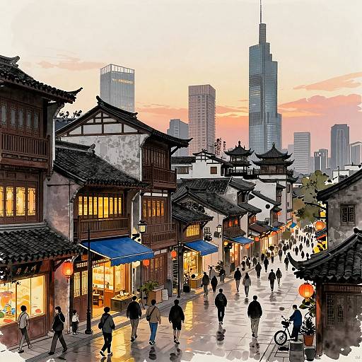 Digital illustration of a bustling traditional Asian street at sunset, blending historical buildings with modern skyscrapers, filled with pedestrians.