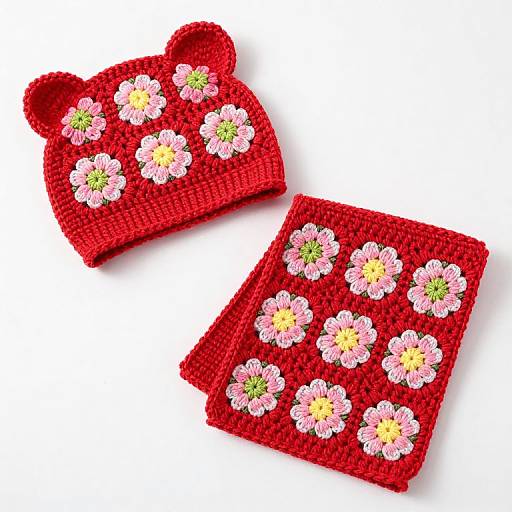Photograph of red crochet hat and square scarf, both adorned with pink and white floral embroidery, set against a white background.