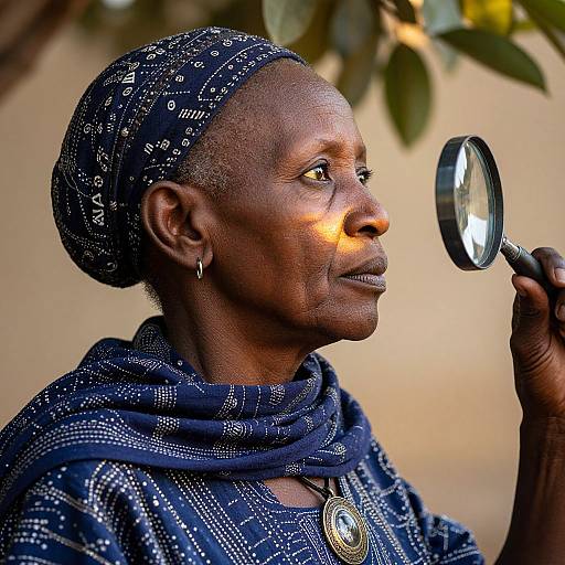 Photograph of an elderly African woman with dark skin, wearing a blue patterned headscarf and matching dress, holding a magnifying glass to her
