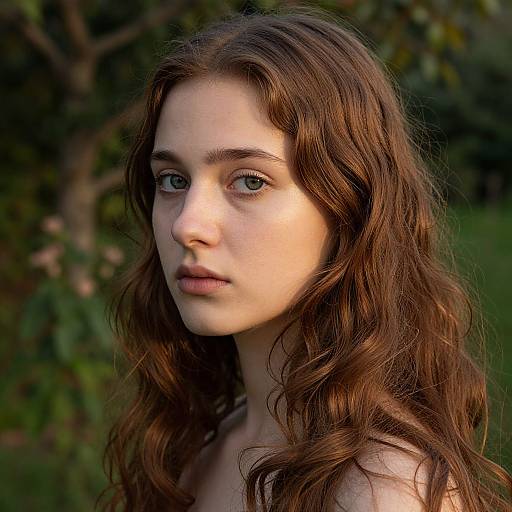Photograph of a young woman with fair skin, long wavy brown hair, and blue eyes, standing outdoors against a blurry green background.
