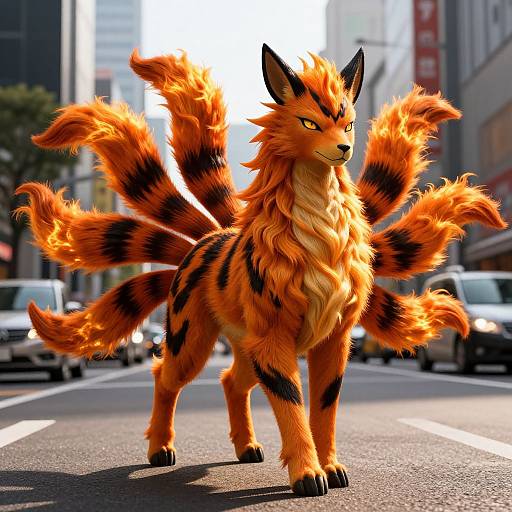 Digital artwork of a fierce, orange and black fox-like creature with nine fluffy tails, standing confidently on a busy city street.