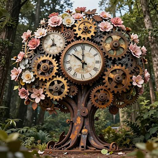 Steampunk flower clock with gears and pink flowers, standing in a lush forest; intricate metalwork and vintage clock faces.