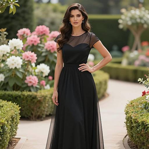 Elegant Woman in Black Sheer Dress in Garden