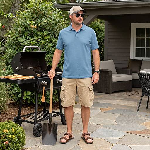 Photograph of a bearded man in a blue polo, beige shorts, and sandals, standing by a black grill, holding a spatula. He