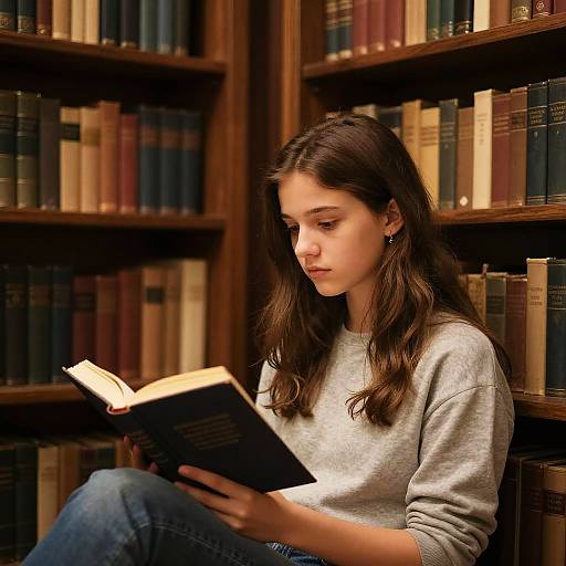 Photograph of a young woman with long brown hair, wearing a gray sweatshirt and blue jeans, reading a book in a dimly lit library with