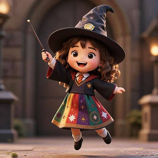 Chibi-style CGI image of a cute, smiling witch girl with curly brown hair, wearing a black hat, dark robe, colorful star-patterned skirt