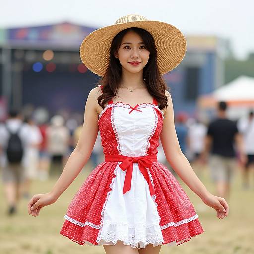 Asian woman in red and white polka dot dress with lace trim, red bow, straw hat, smiling outdoors, blurred crowd background. Photograph.