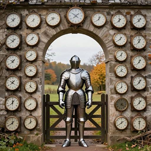Photograph of a medieval knight in shiny silver armor standing centered in front of a stone archway adorned with 36 circular clocks. Autumn forest in background