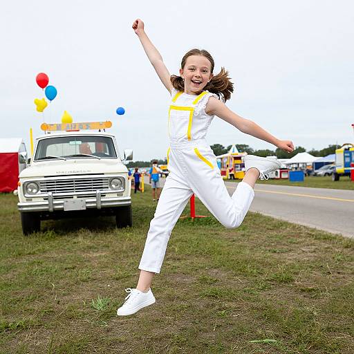 Photograph of a joyful young girl in a white jumpsuit with yellow stripes, jumping in a grassy field, vintage car behind, colorful balloons in
