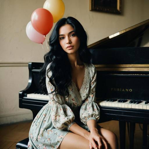 Woman in Floral Dress Sitting by Piano