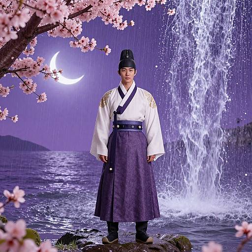 Asian man in traditional white kimono and black hakama, black hat, standing by a waterfall under a moonlit night sky with cherry blossoms.