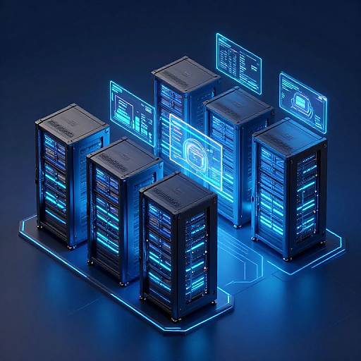 Photograph of six glowing blue, high-tech server racks with illuminated screens displaying data, arranged in a grid on a dark blue background.