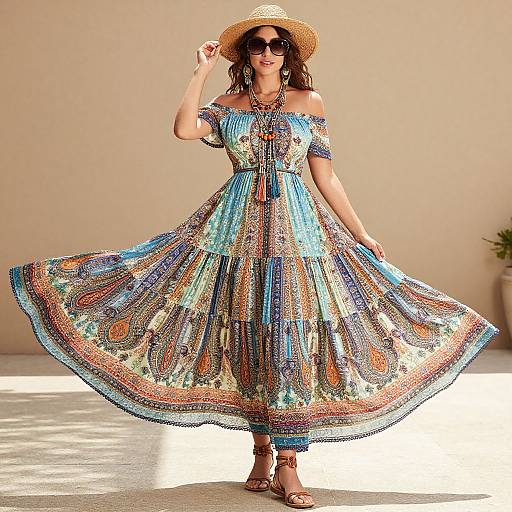 Photograph of a smiling woman in a colorful, off-the-shoulder, paisley-patterned dress, straw hat, sunglasses, and sandals,