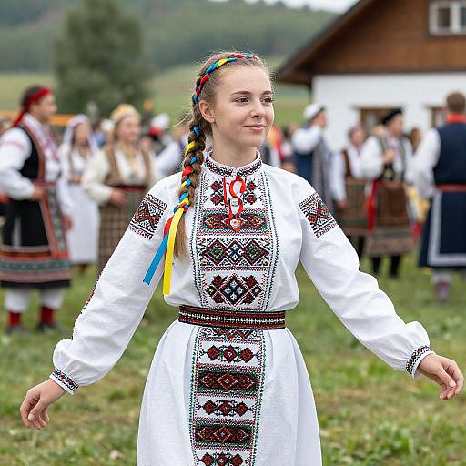 Photograph of a young Caucasian girl with braided hair, wearing a white embroidered traditional dress, standing outdoors at a cultural festival with blurred background and people