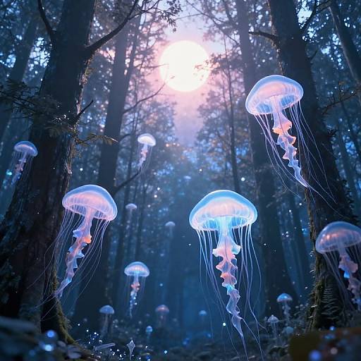 Photograph of bioluminescent jellyfish floating in a dense, dark forest with sunlight filtering through the trees, creating a magical, ethereal ambiance