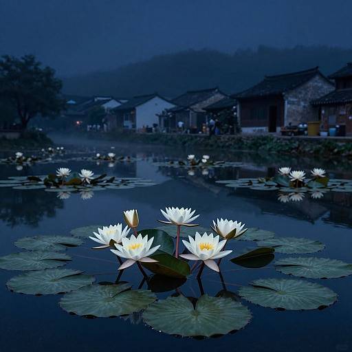 Photograph of glowing white lotus flowers floating on a dark, reflective pond at night, with traditional Asian buildings in the misty background.
