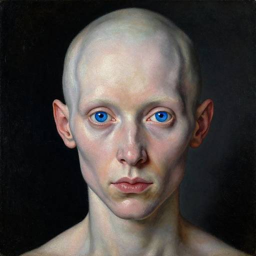 Digital portrait of a bald, pale-skinned, androgynous individual with striking blue eyes, set against a dark background. Hyper-realistic,