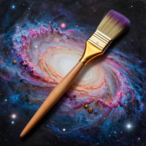 Photorealistic digital image of a wooden paintbrush with purple bristles, crossed over a vibrant, swirling galaxy with cosmic colors and stars, blending art