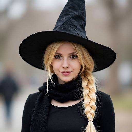 Photograph of a young blonde woman with fair skin, wearing a black witch hat and scarf, black top, and braided hair, smiling outdoors with