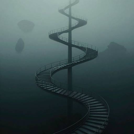 Mysterious, foggy photograph of a spiral staircase rising from the water, silhouetted against a misty, blue-green background.