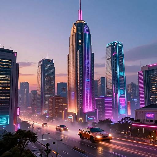 Retrofuture Neon Cityscape at Dusk