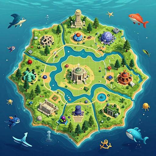 Vibrant digital illustration of a lush, island paradise surrounded by blue ocean, featuring diverse buildings, trees, a central temple, winding rivers, and