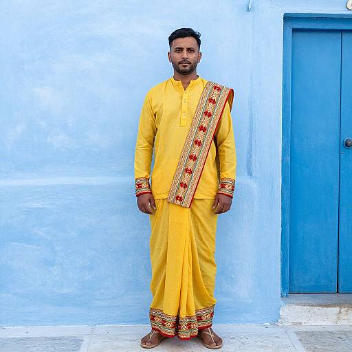 Photograph of a bearded man in a bright yellow traditional Punjabi kurta with red and gold embroidery, standing against a white and blue wall.