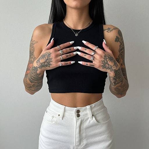 Tattooed woman with long black hair, wearing black crop top and white high-waisted pants, hands with long nails, white background.