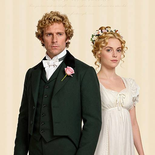 Photograph of a serious-looking, curly-haired man in black suit with pink rose, standing beside a blonde woman in white dress and flower crown.