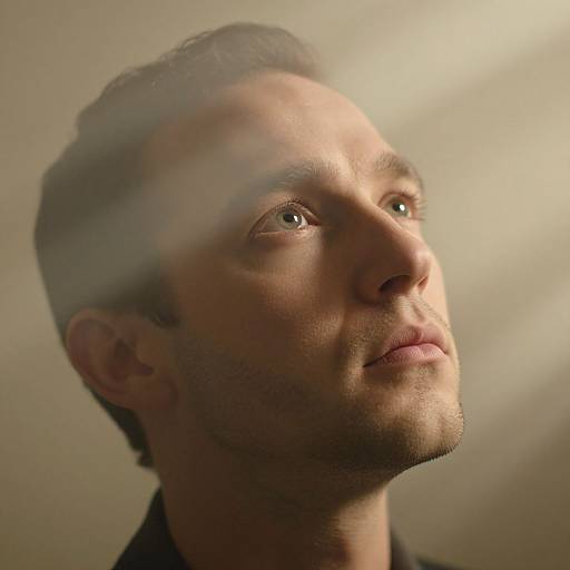 Photograph of a light-skinned man with short brown hair, looking upwards with a thoughtful expression, soft light illuminating his face.