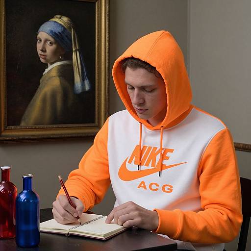 Photograph of a young man in an orange Nike ACC hoodie writing in a notebook, with a classic painting of a woman in the background and blue and