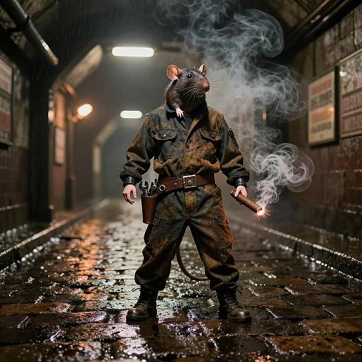 Photograph of a rat in a dirty, rain-soaked, dimly-lit alley, wearing a dirty brown jumpsuit, smoking a cigarette,