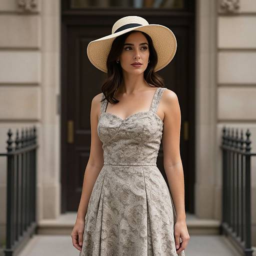 Photograph of a brunette woman with fair skin, wearing a white lace dress and wide-brimmed hat, standing in front of a stone building with