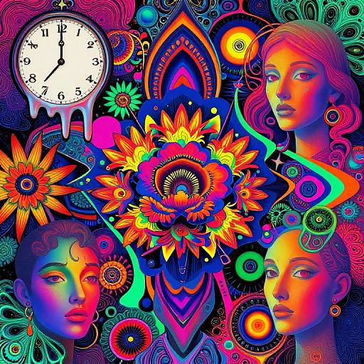 Vibrant, psychedelic digital artwork featuring three colorful, glowing faces surrounded by neon flowers, abstract patterns, and a dripping clock against a dark background.