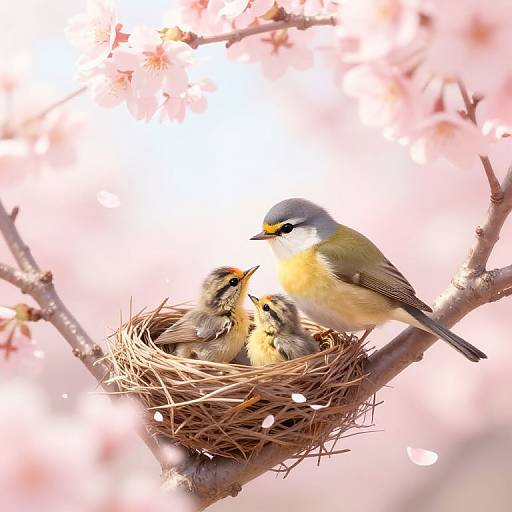 Mother Bird Feeding Chicks Under Cherry Blossoms