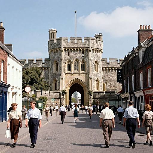 Photograph of a bustling street with people walking toward a large, medieval stone gatehouse under a bright blue sky.
