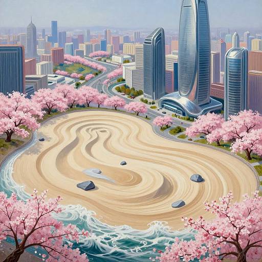 Digital artwork of a futuristic cityscape with a winding, sandy river winding through cherry blossom trees, surrounded by tall skyscrapers.
