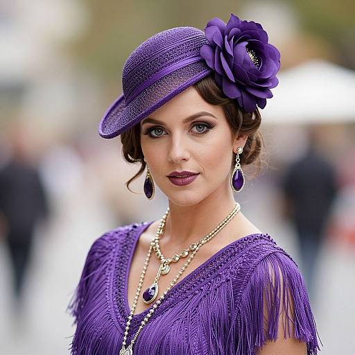 Photograph of a fair-skinned woman with dark brown hair, wearing a purple fringed dress, matching hat with large flower, and purple earrings,