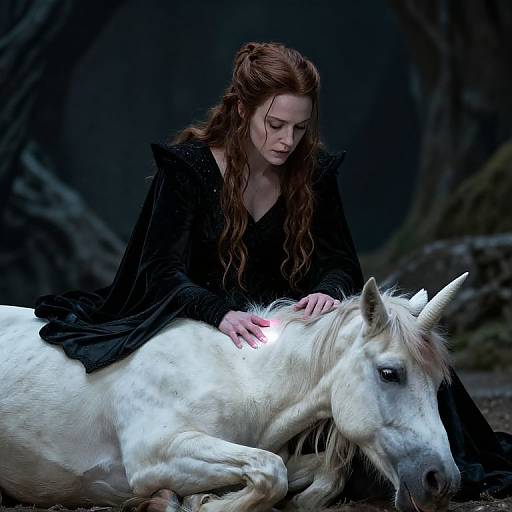 Photograph-style CGI of a red-haired woman in a black cloak gently touching a white unicorn's glowing neck in a dark, forested background.