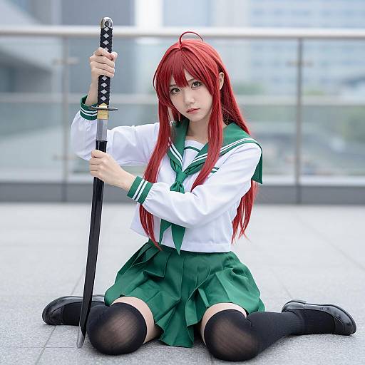 Asian Cosplayer with Katana in Schoolgirl Outfit