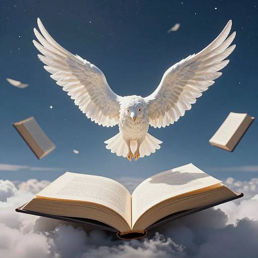Photograph-like digital artwork of a white dove with outstretched wings flying over an open book floating on clouds against a starry blue sky.