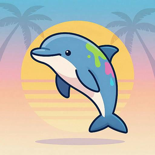 Cartoon-style dolphin with blue and white body, green and pink paint splashes, jumping against a pastel sunset and palm trees.