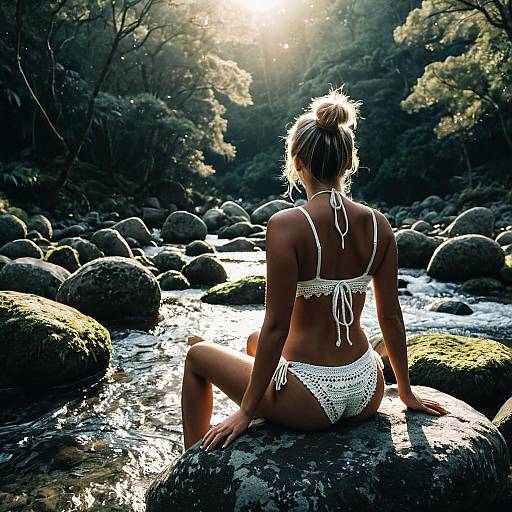 Woman in White Crochet Bikini Sitting on Rocky Riverbank