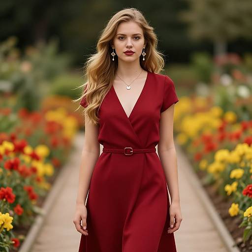 Photograph of a blonde woman with wavy hair, wearing a deep red V-neck dress and belt, standing in a colorful garden path with red and