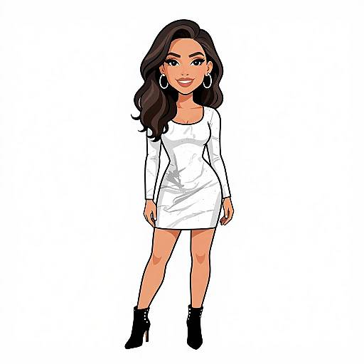 Digital illustration of a smiling, dark-haired woman in a white long-sleeve mini dress, black ankle boots, and hoop earrings, standing against a