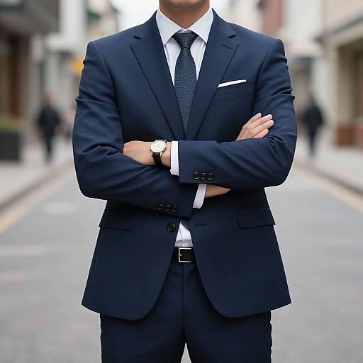Photograph of a man in a dark navy suit, white shirt, black tie, and wristwatch, standing with arms crossed on a blurred city street