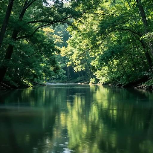 Photograph of a serene, sunlit forest creek with vibrant green leaves reflecting on the calm water, surrounded by dense trees.