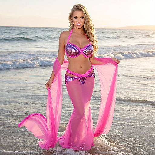 Blonde woman in sequined pink bikini and sheer pink wrap standing in ocean waves at sunset, smiling confidently. Photograph.
